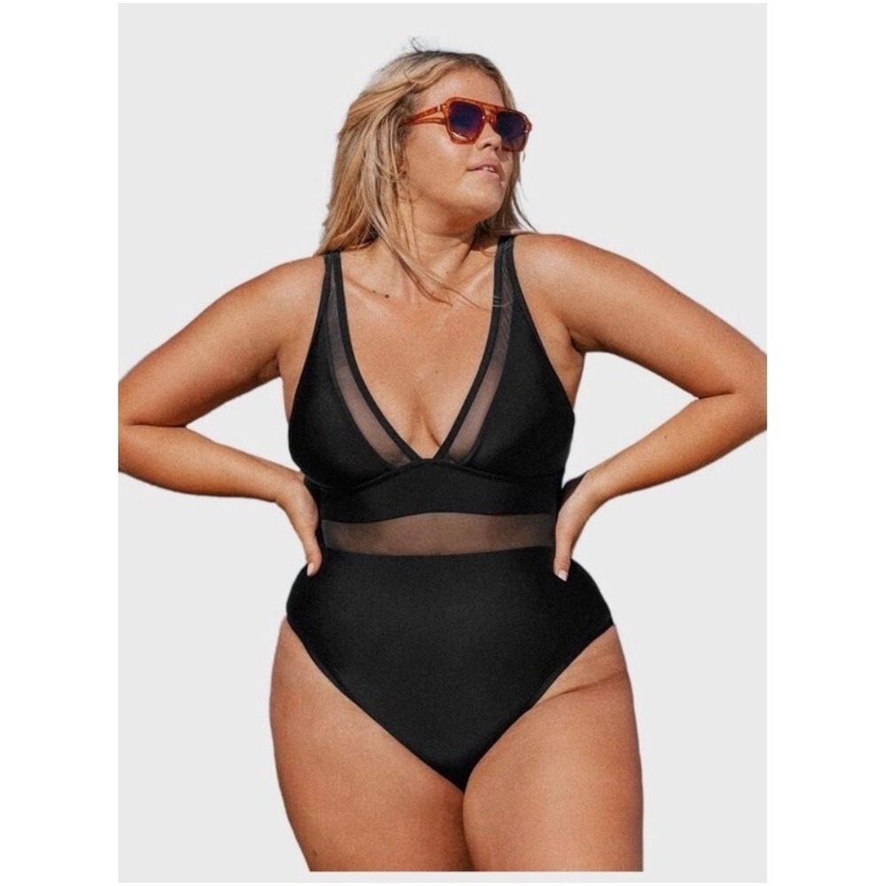 Cupshe Black Mesh V‎ Neck One Piece Swimsuit Plus Size 0X Tummy Control